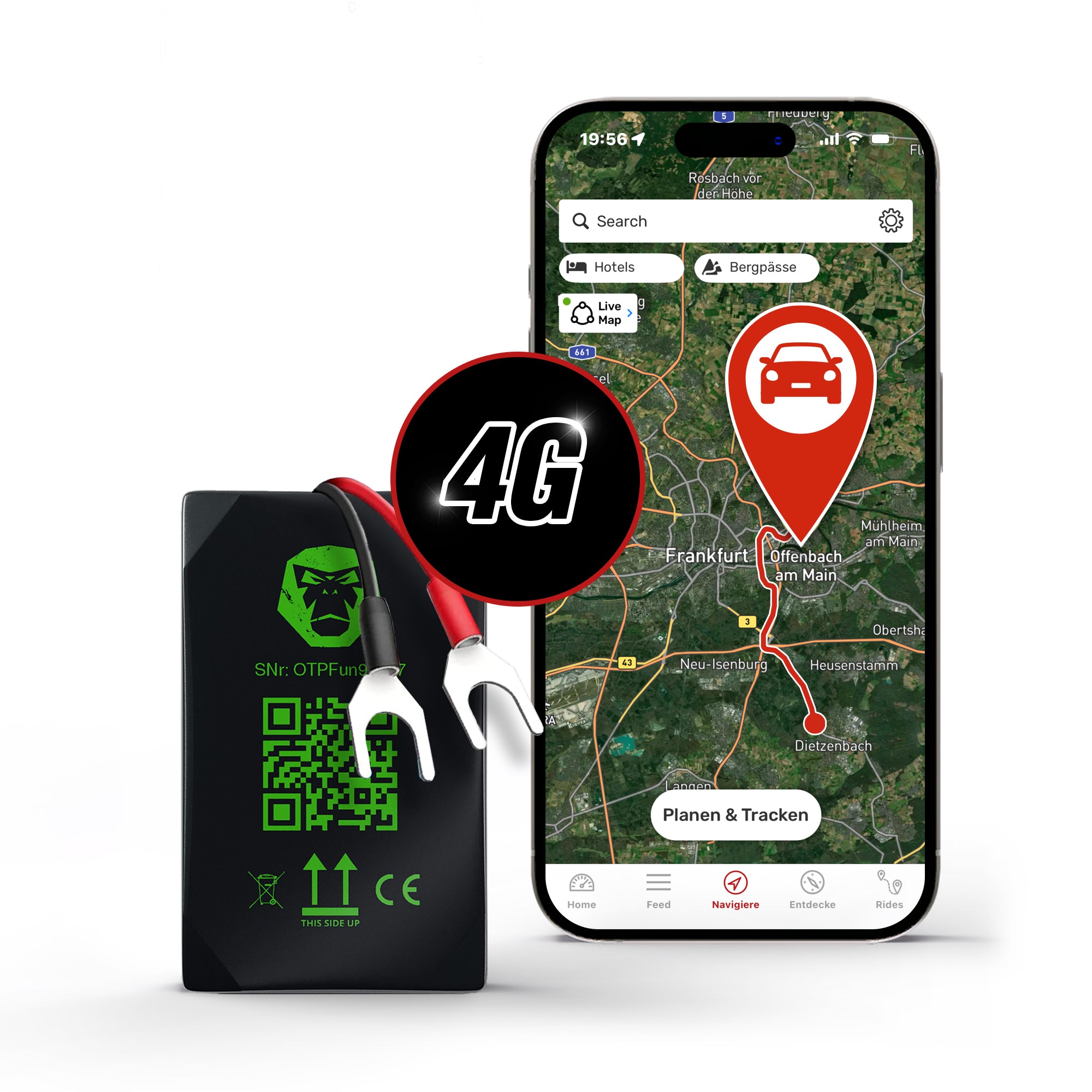RideLink Tracer 4G mit Anschlusskabeln und RideLink App.