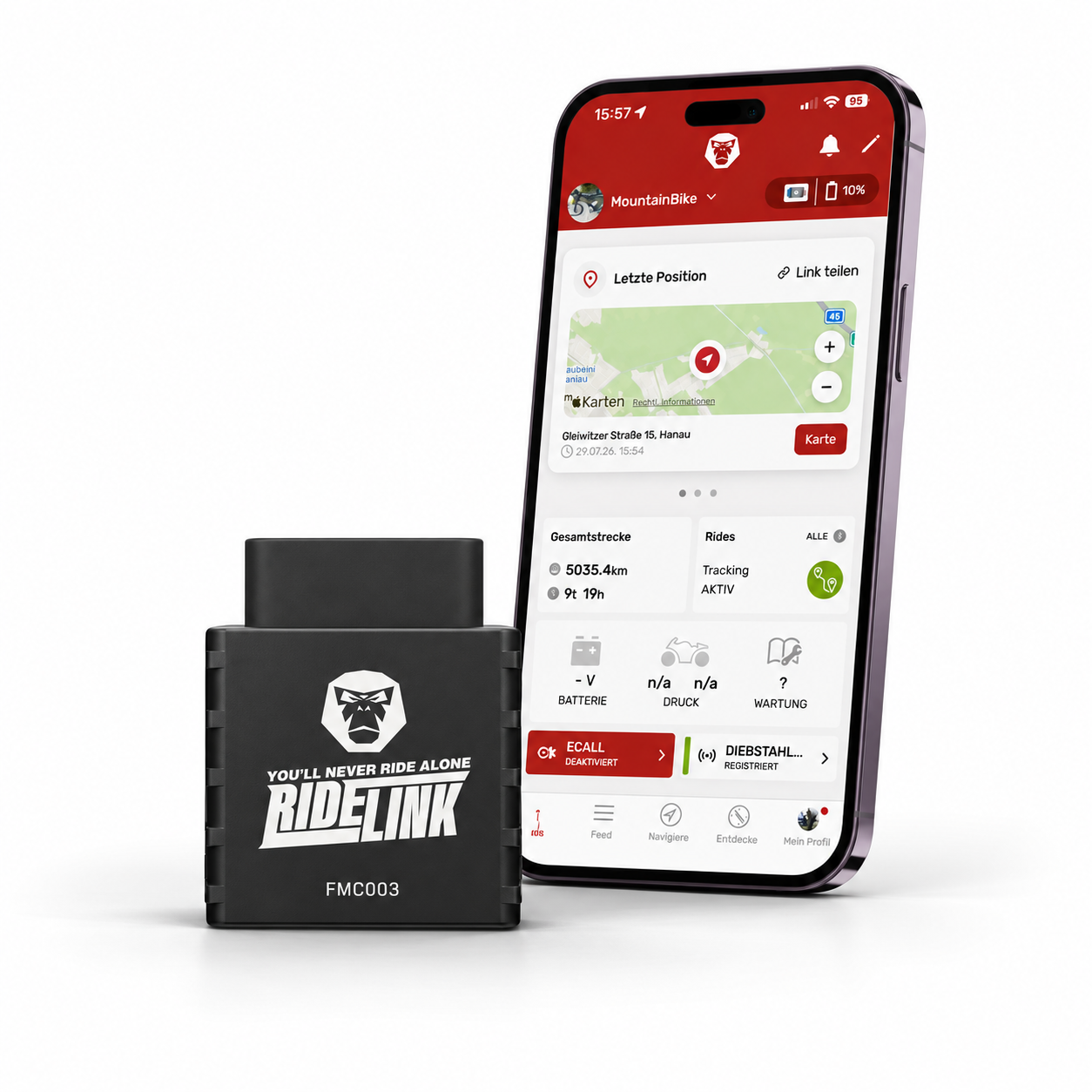 Produktvisualisierung des FMC003 mit RideLink-Logo neben der RideLink App auf einem Smartphone.