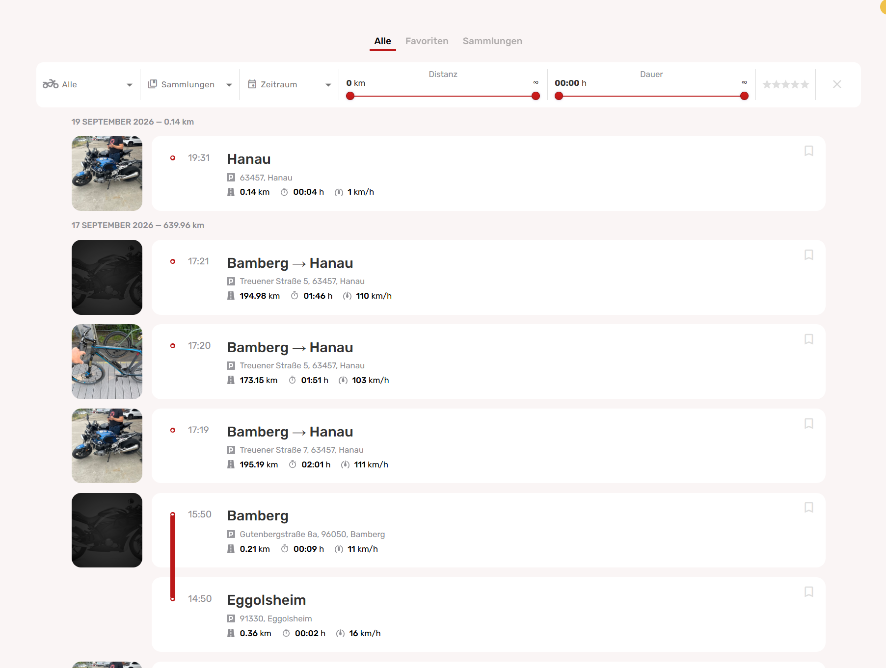 RideLink Web-App mit nach Tagen sortierten Fahrten mehrerer Fahrzeuge sowie Filtern für Fahrzeug, Zeitraum, Distanz und Dauer.